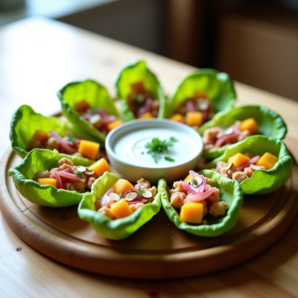 Rollitos de lechuga romana fresca rellenos de atún, mango en cubos y cebolla morada, servidos en bandeja de madera con salsa cremosa de yogur griego y decorados con almendras tostadas y hierbas verdes. Receta fresca y alta en proteína.