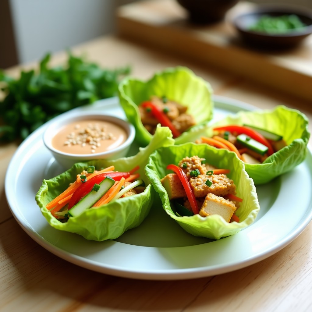 Rollitos de lechuga romana rellenos de tofu desmenuzado, zanahoria, pepino y pimiento rojo, servidos en un plato blanco con salsa de cacahuete y limón al lado. Decorados con semillas de sésamo tostadas y cebollino picado, resaltando su frescura y textura crujiente.