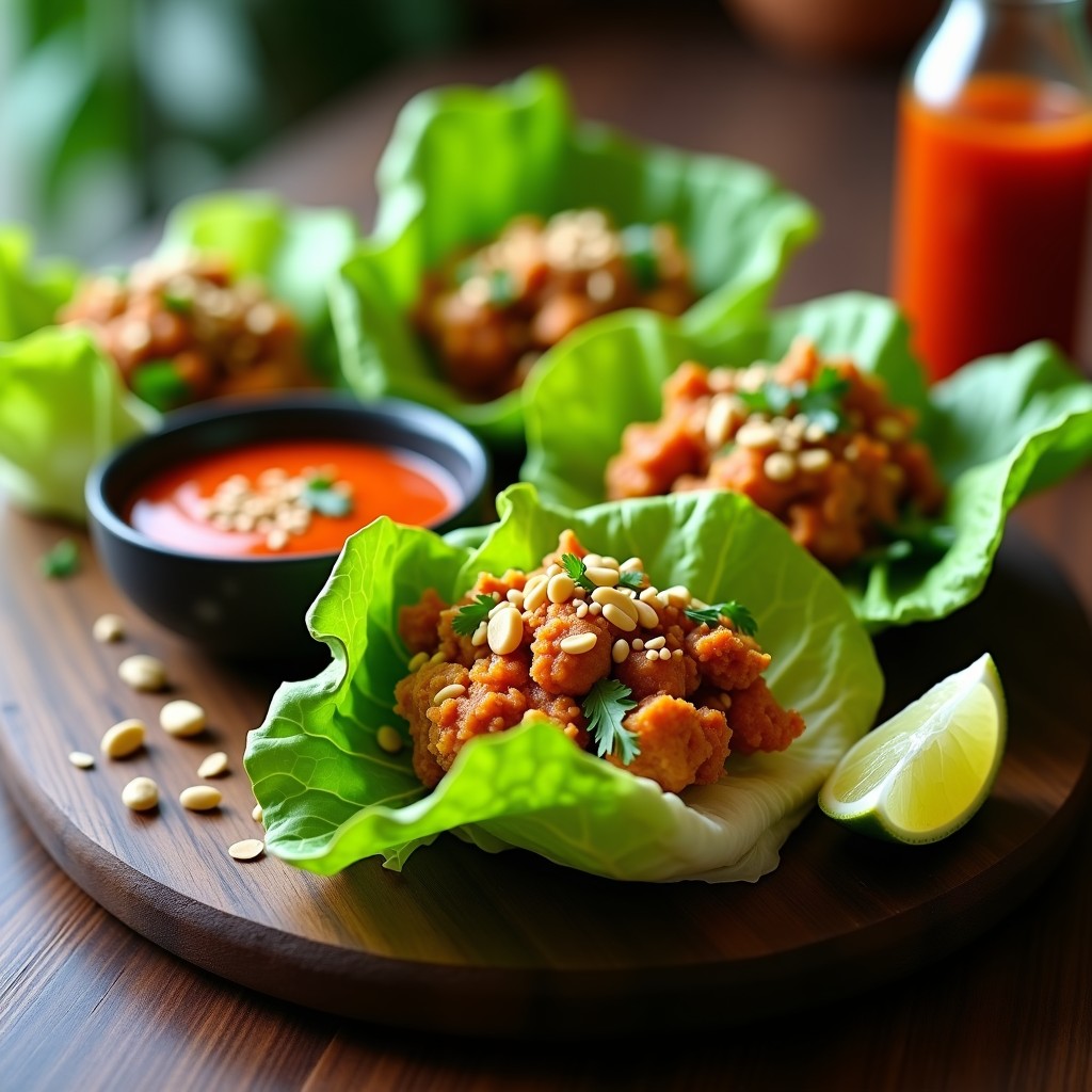 Rollitos de lechuga romana fresca rellenos de polly de cangrejo vegano con corazones de palma y tofu, acompañados de salsa sriracha de cacahuete cremosa y espolvoreados con semillas de sésamo, receta tailandesa vegana y sin gluten.
