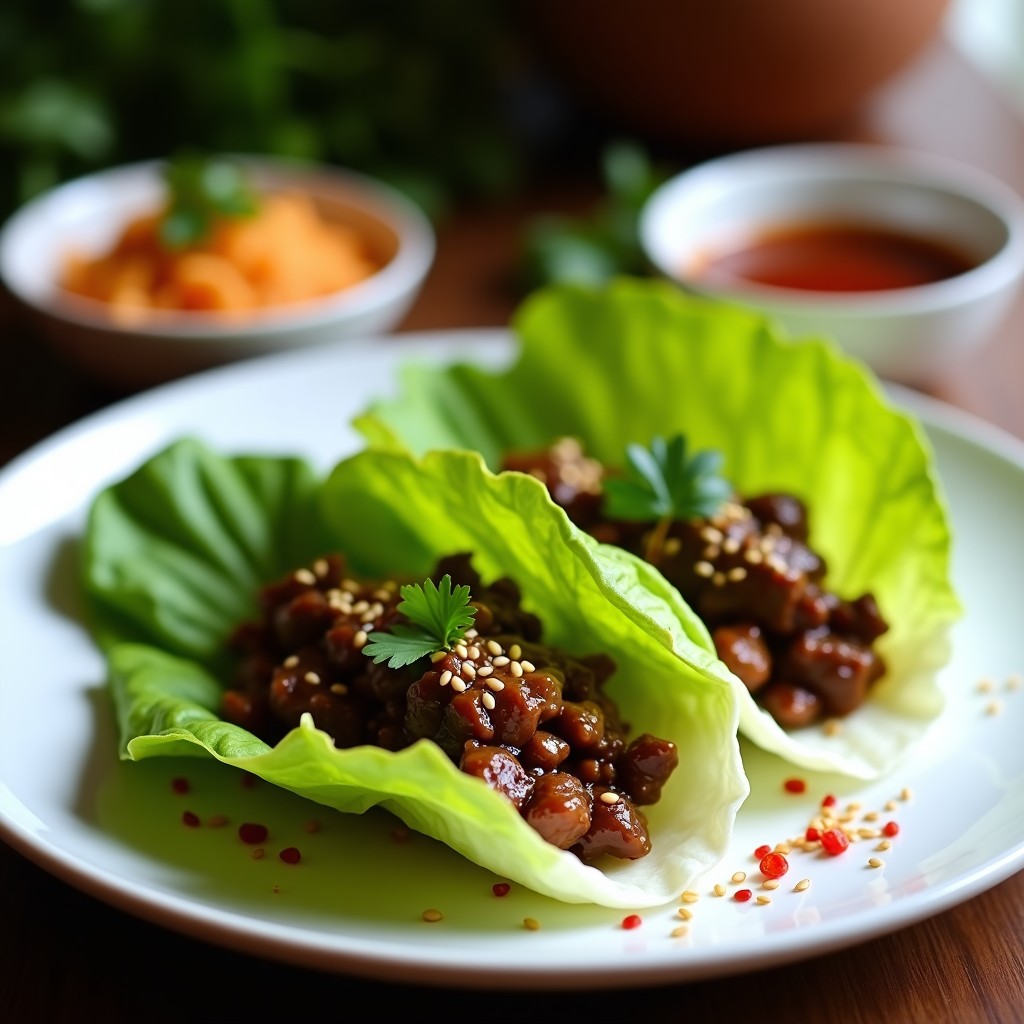 Rollitos de lechuga butter rellenos de carne de res salteada con salsa de ostras, servidos en un plato de cerámica blanca con semillas de sésamo y cilantro fresco, receta asiática rápida.