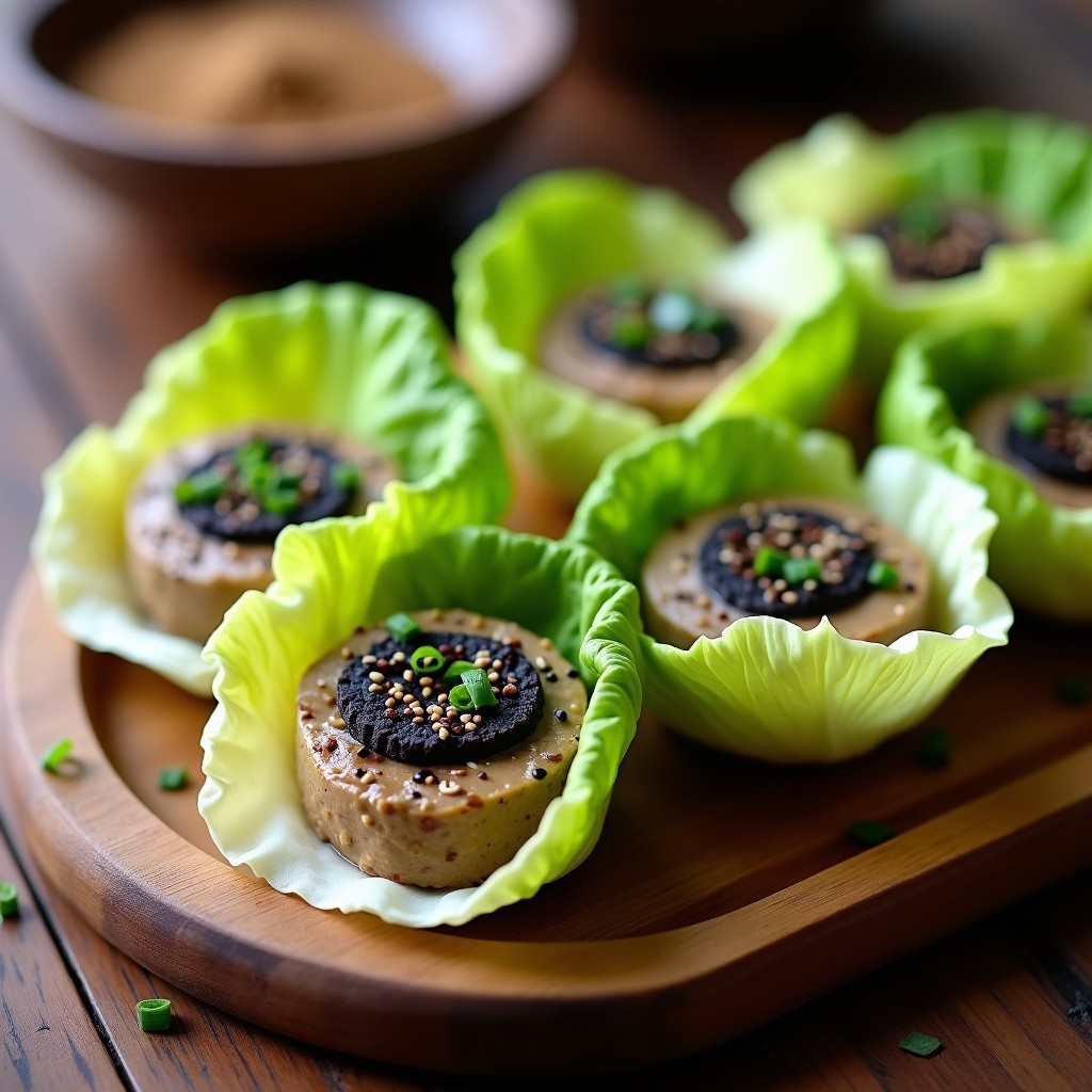 Bandeja de madera con rollitos de lechuga romana rellenos de pate cremoso de champiñones y trufa, decorados con semillas de sésamo y virutas de trufa negra, sobre fondo oscuro con toques de luz natural.