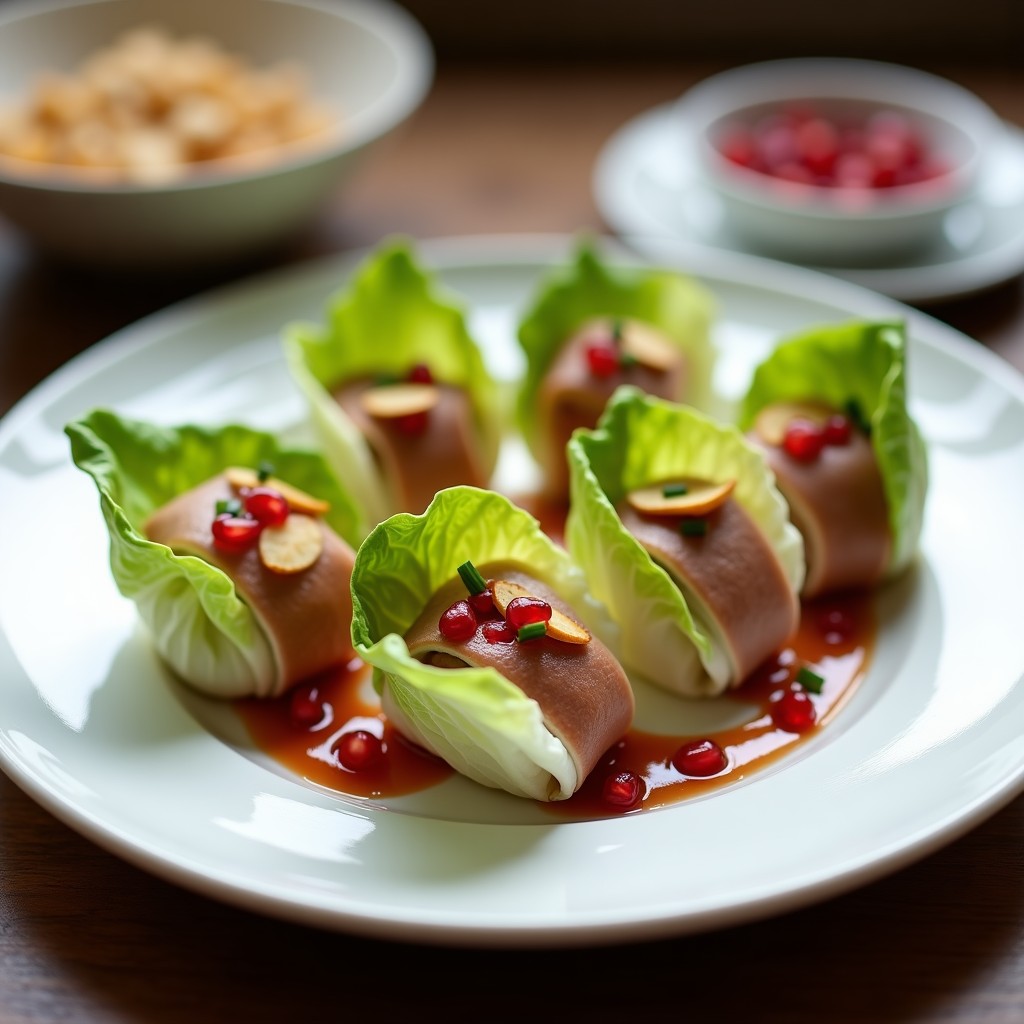 Plato blanco elegante con seis rollitos de lechuga romana rellenos de conejo ahumado y queso de cabra, decorados con salsa cremosa de granado y semillas rojas. Fondos desenfocados de almendras tostadas y cebollino picado.