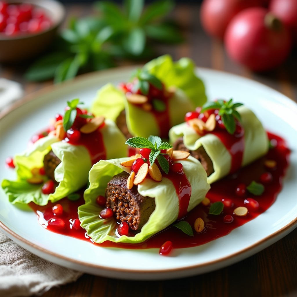 Rollitos de lechuga romana fresca rellenos de carne de cordero especiada, servidos en bandeja blanca con salsa de granadas vibrante, semillas de granada y almendras tostadas. Entrante árabe gourmet.