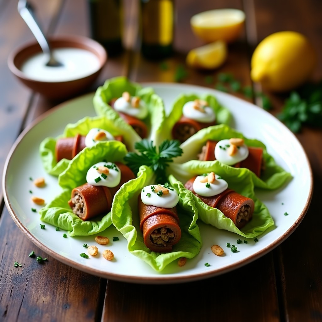 Rollitos de lechuga romana rellenos de carne picada de cordero salteada con yogur griego, perejil y menta, servidos en una fuente de madera rústica con almendras fileteadas por encima. Receta keto griega rápida y alta en proteína.