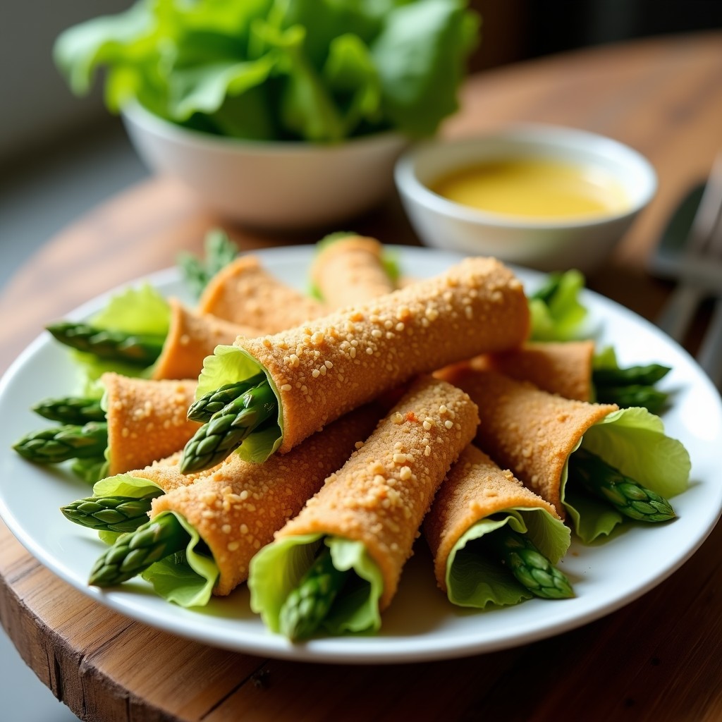 Rollitos de lechuga romana rellenos de espárragos trigueros y jamón York, empanados con pan rallado integral y semillas de sésamo, dorados y crujientes tras cocinarse en Airfryer sin aceite, servidos en plato blanco con fondo rústico.