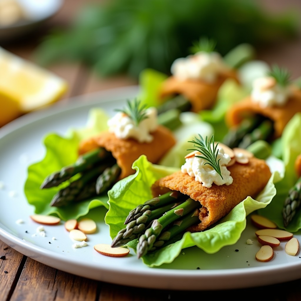 Rollitos de lechuga romana rellenos de espárragos verdes y queso de cabra, dorados al airfryer con almendras fileteadas y decorados con miel de tomillo sobre un plato blanco rústico.