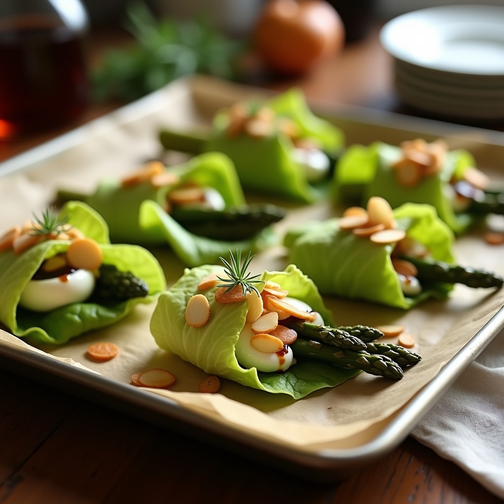 Rollitos de lechuga romana rellenos de espárragos trigueros y queso de cabra gratinado, con almendras laminadas doradas y un hilo de vinagre balsámico, servidos en bandeja de horno sobre papel vegetal.