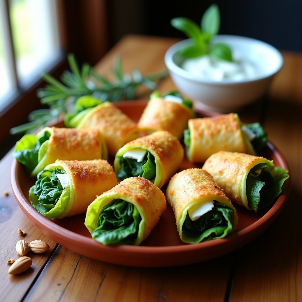 Rollitos de lechuga romana rellenos de espinacas y queso de oveja, dorados y crujientes, servidos en un plato blanco con hierbas frescas y un hilo de aceite de oliva, receta catalana en airfryer.