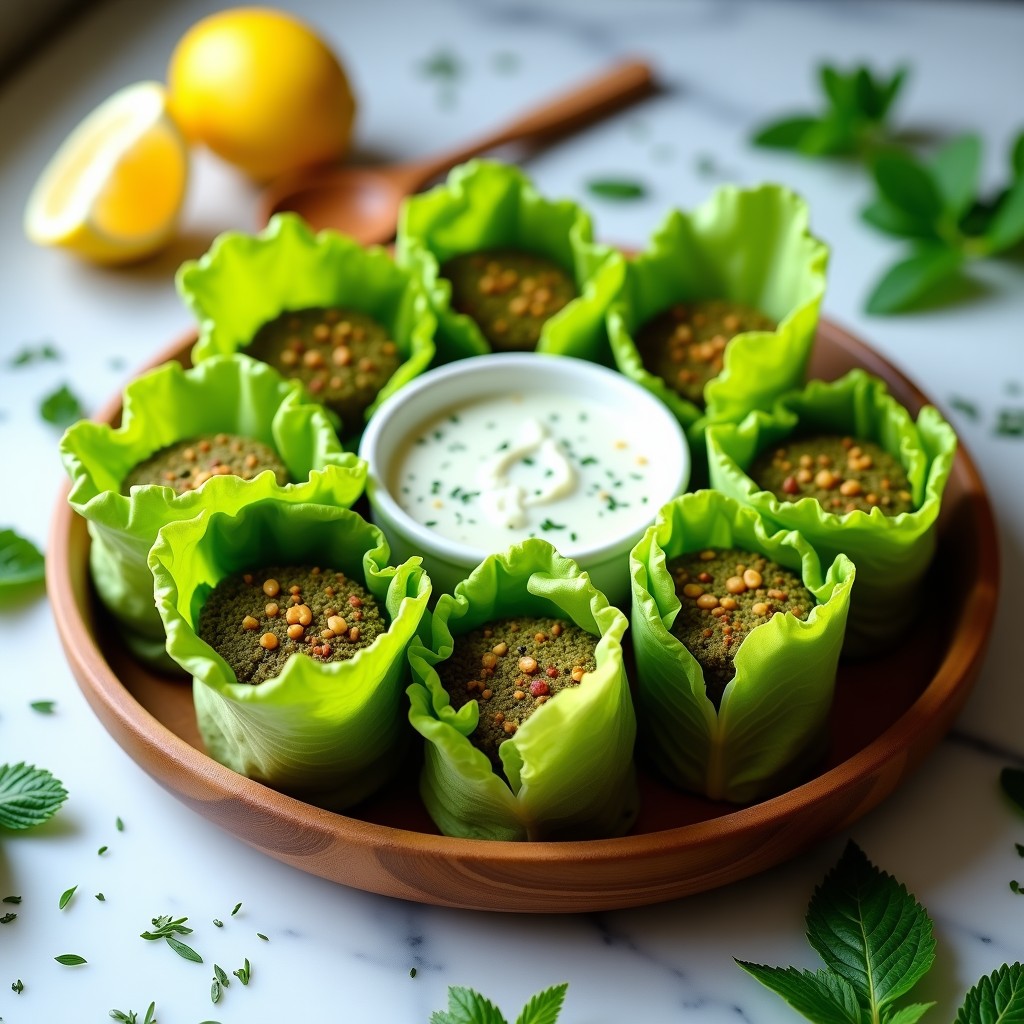 Rollitos de lechuga romana fresca rellenos de falafel de garbanzo verde y almendras, acompañados de salsa cremosa de hierbas sobre un plato de madera rústico, receta crudivegana.