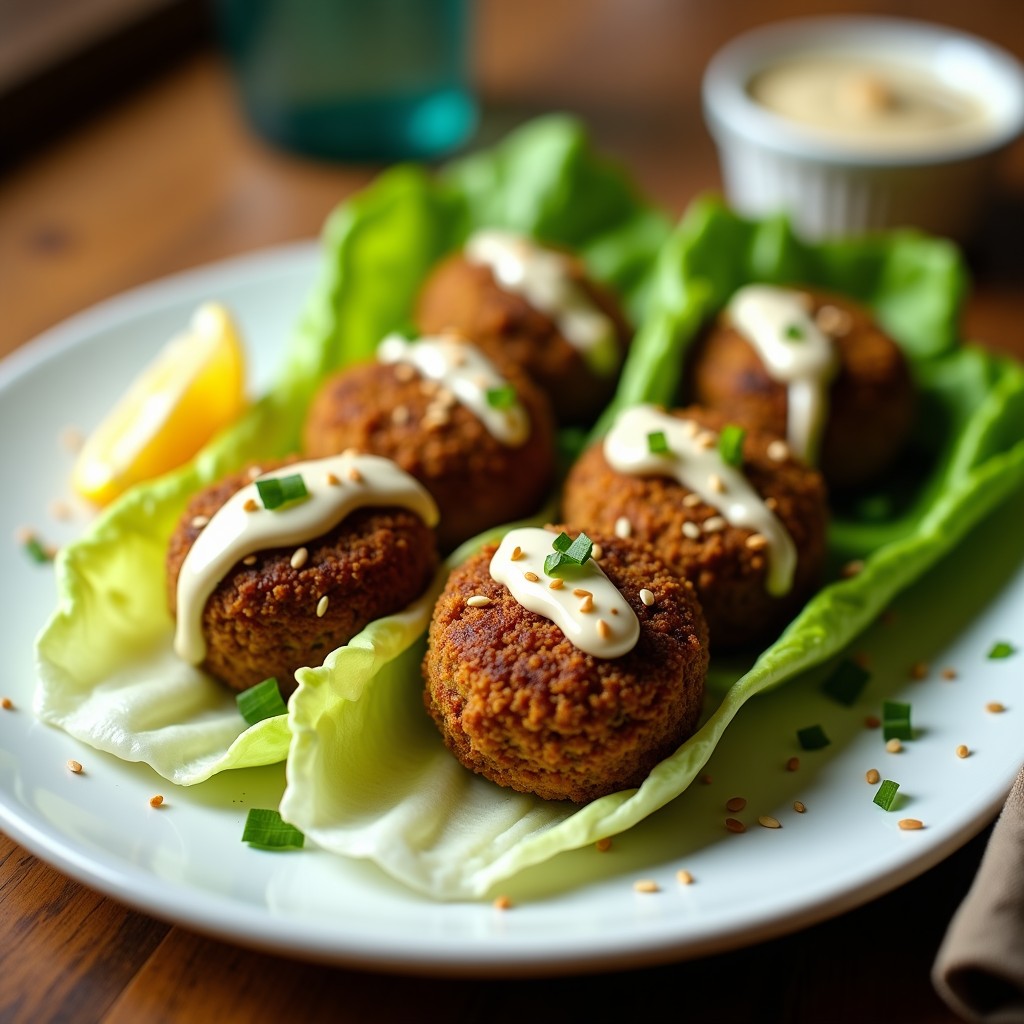 Plato blanco con rollitos de lechuga romana rellenos de falafel dorado de habas negras y bañados en salsa cremosa de yogur de soja, decorados con semillas de sésamo y hojas de menta fresca. Receta libanesa keto.