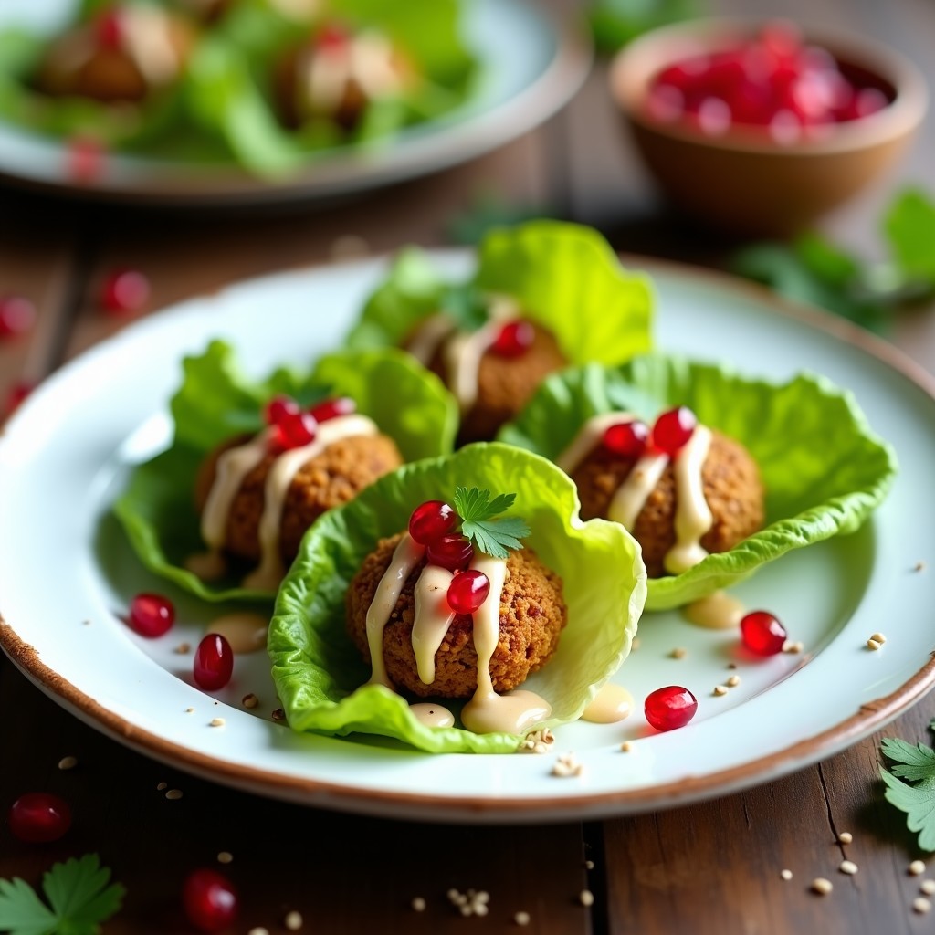 Rollitos de lechuga romana fresca rellenos de falafel dorado y crujiente, acompañados de una cremosa salsa de tahini con limón confitado, servidos en un plato blanco rústico con semillas de sésamo espolvoreadas.