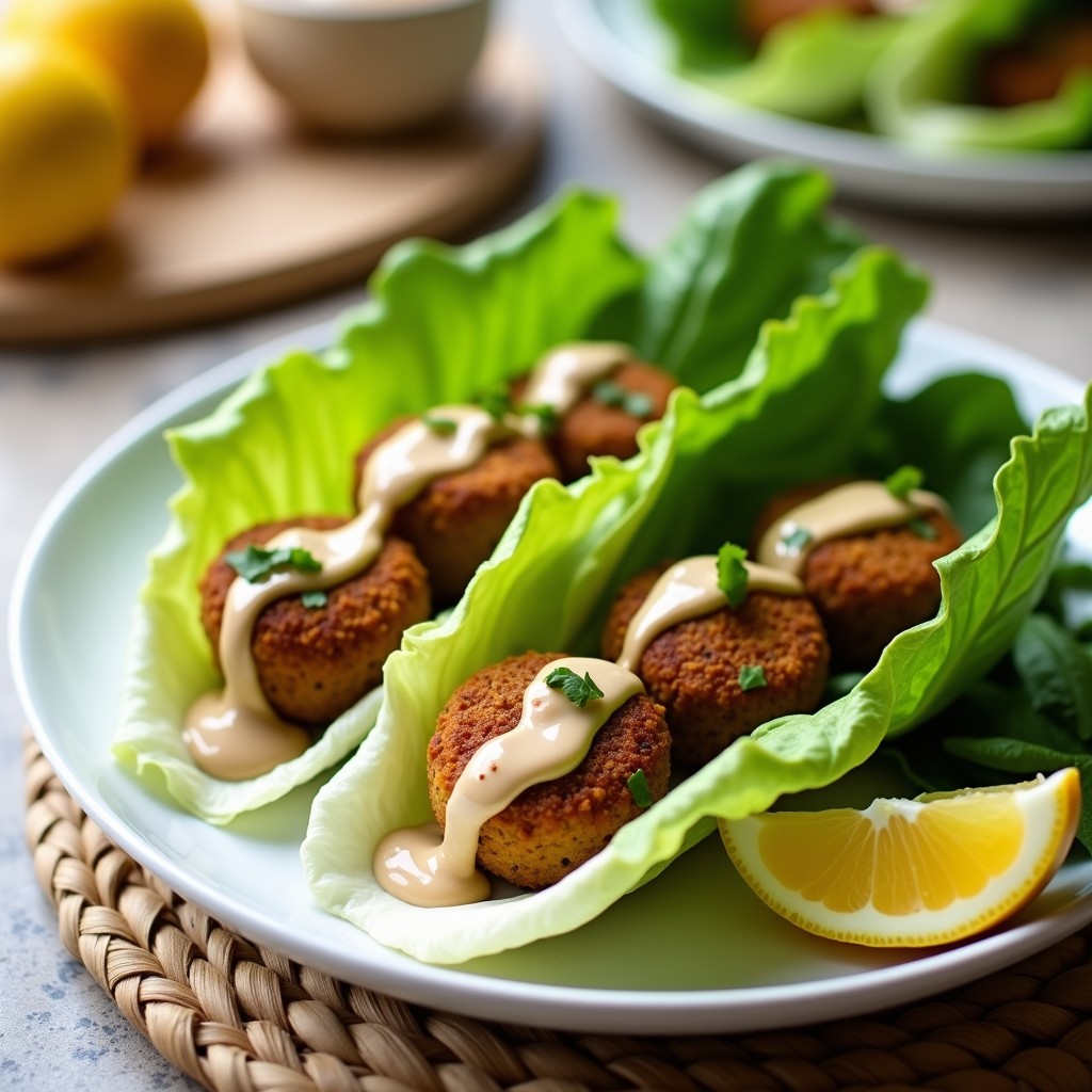 Plato blanco con rollitos de lechuga romana fresca rellenos de falafel dorado y salsa de tahini cremosa, decorados con semillas de granada rojas. Receta árabe sin horno, aperitivo vegano y saludable.
