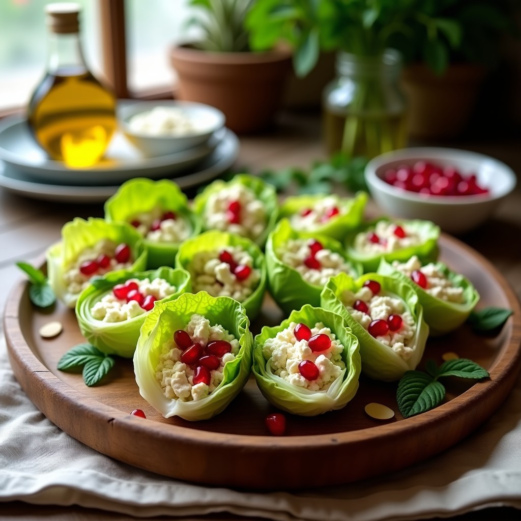 Rollitos de lechuga romana fresca rellenos de queso feta desmenuzado, semillas de granado rojo intenso y almendras tostadas, dispuestos en una fuente blanca con un chorrito de aceite de oliva. Aperitivo griego colorido y crujiente.