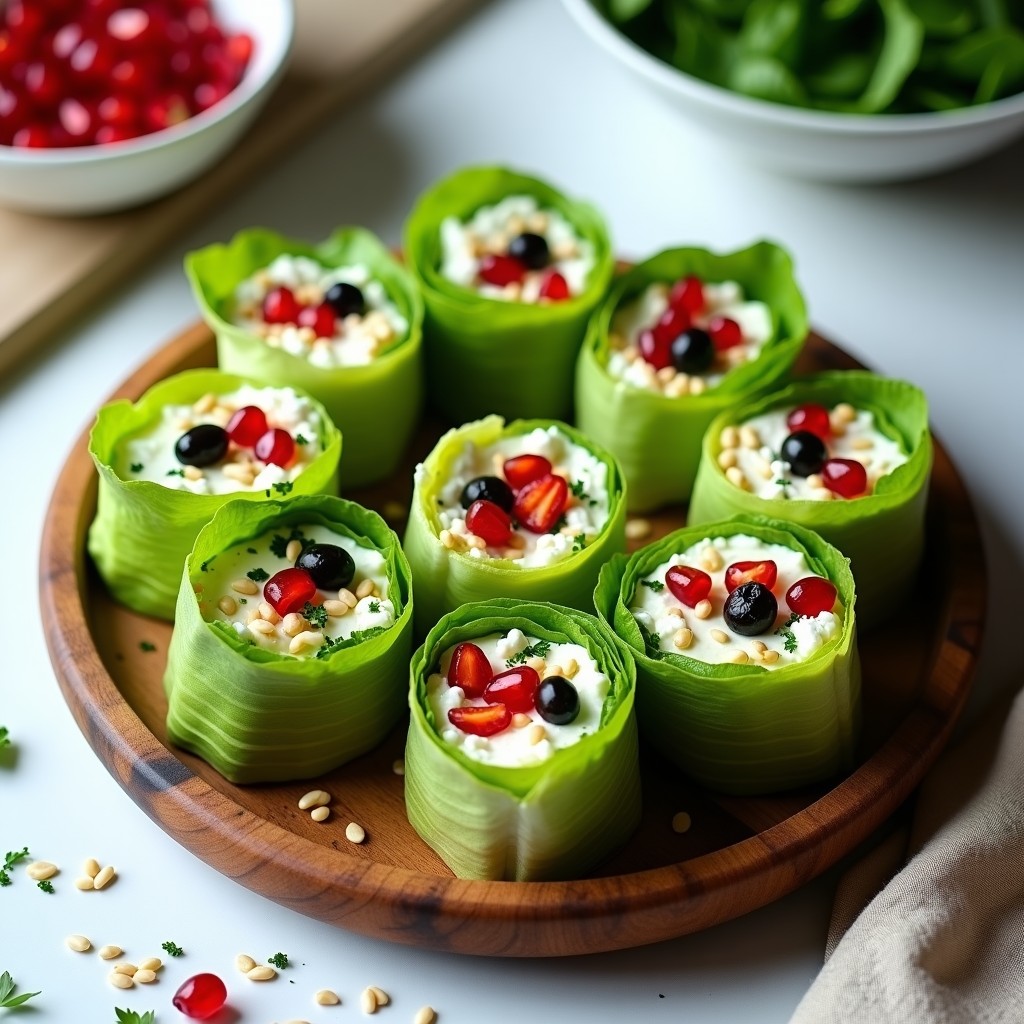 Rollitos de lechuga romana rellenos de feta vegana de anacardos, granada, aceitunas Kalamata y hierbas frescas, servidos en bandeja de madera con almendras tostadas y un hilo de aceite de oliva virgen extra.