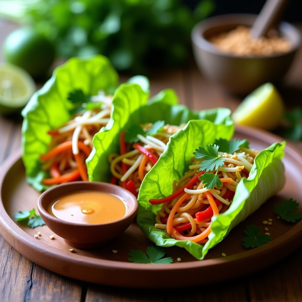 Rollitos de Lechuga con Fideos de Arroz y Satay de Cacahuete: Receta Tailandesa Vegana y Sin Gluten