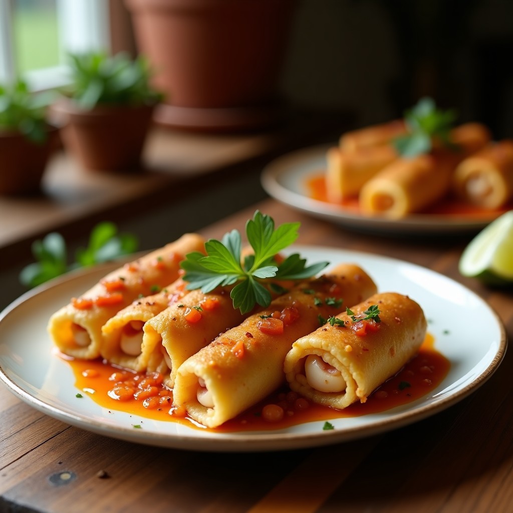Plato blanco con rollitos de lechuga romana rellenos de filloa de garbanzo dorada, zanahoria rallada y pimiento rojo, bañados en salsa de tamarindo y decorados con semillas de sésamo y cilantro fresco. Receta vegana crudivegana.