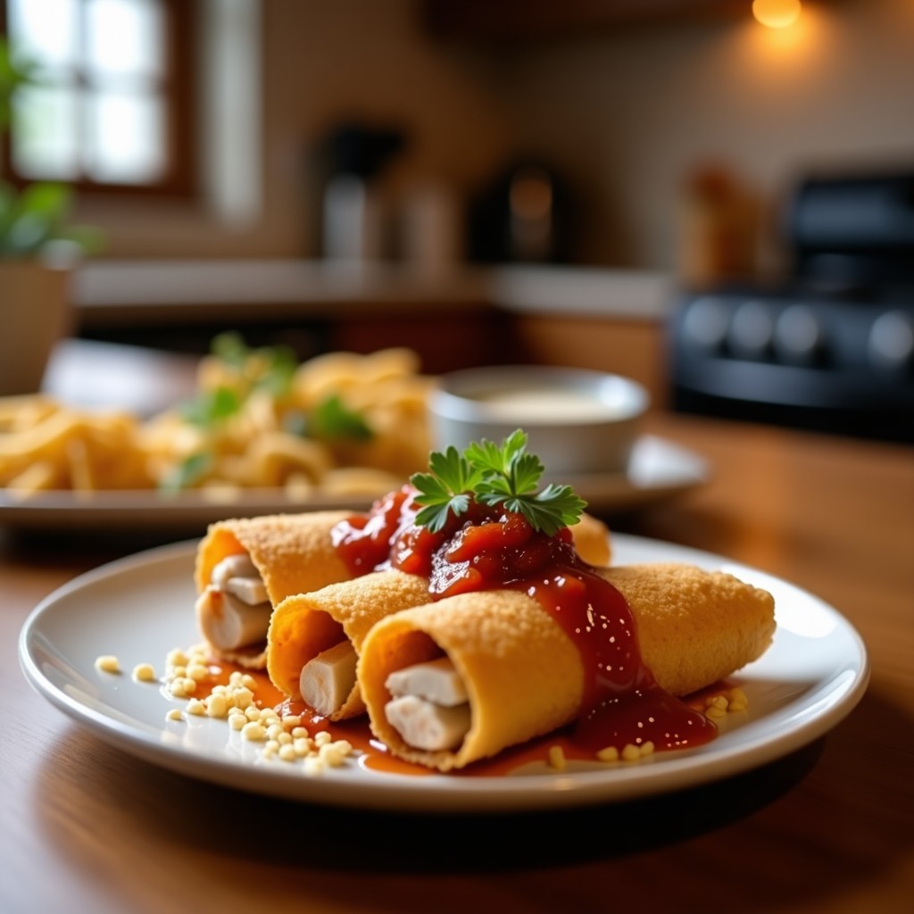 Rollitos de lechuza fritos dorados y crujientes en airfryer, servidos en plato blanco con salsa teriyaki brillante y semillas de sésamo espolvoreadas, acompañados de palillos japoneses.