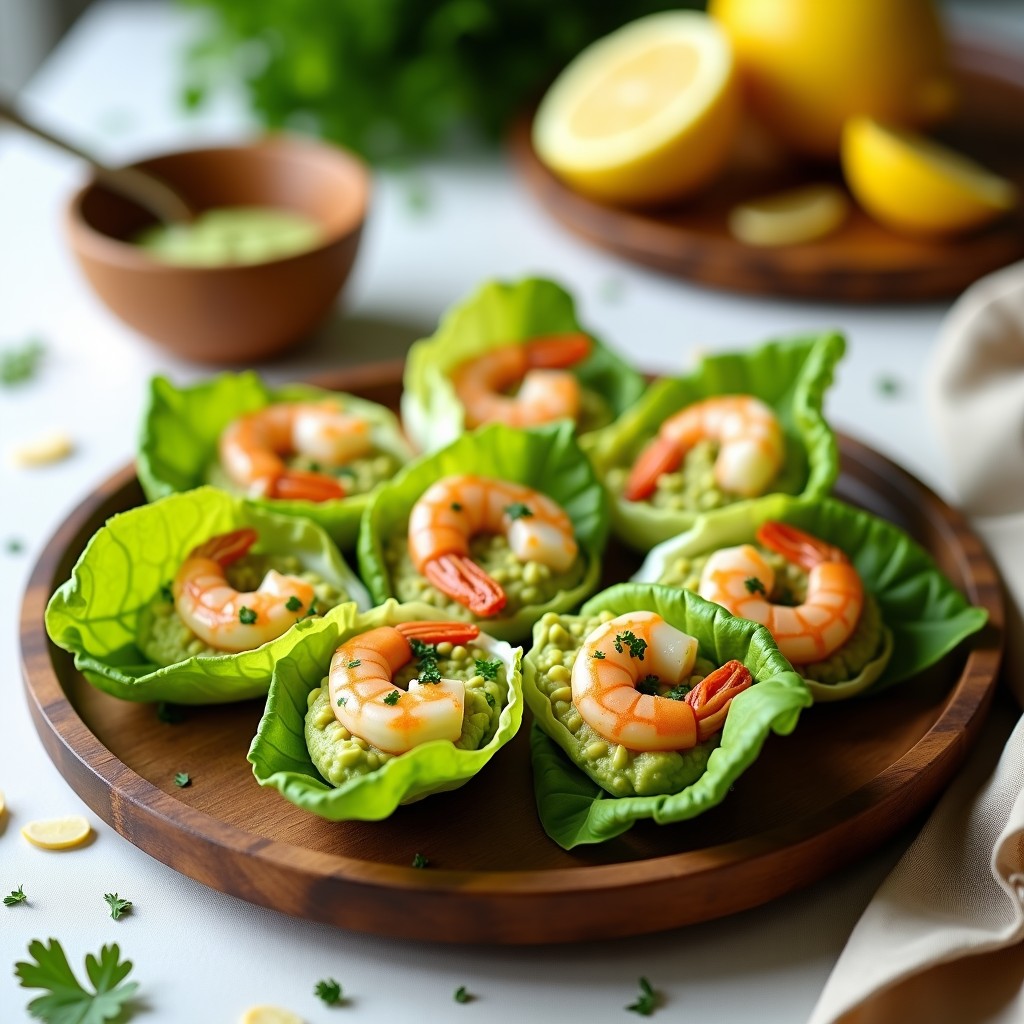 Rollitos de lechuga romana fresca rellenos de gambas salteadas y aguacate en cubos, servidos en bandeja de madera con salsa de limón y cilantro, aperitivo keto colorido y apetecible.
