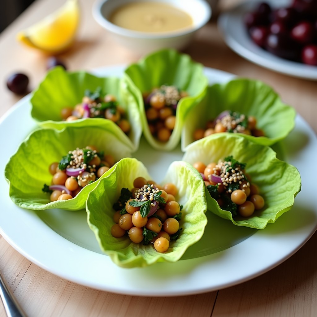 Plato blanco con rollitos de lechuga romana rellenos de mezcla de garbanzos, aceitunas kalamata y hierbas frescas, decorados con semillas de sésamo. Entrante griego sin cocinar, fresco y colorido.