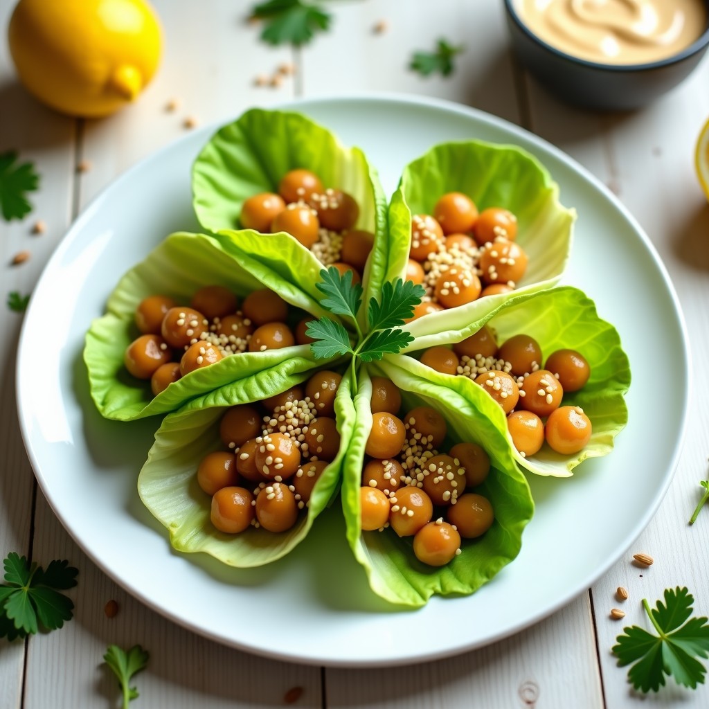 Rollitos de lechuga romana fresca rellenos de una mezcla cremosa de garbanzos, pasas doradas y hierbabuena, decorados con semillas de granada rojas sobre una tabla de madera rústica. Receta vegana sin cocción.