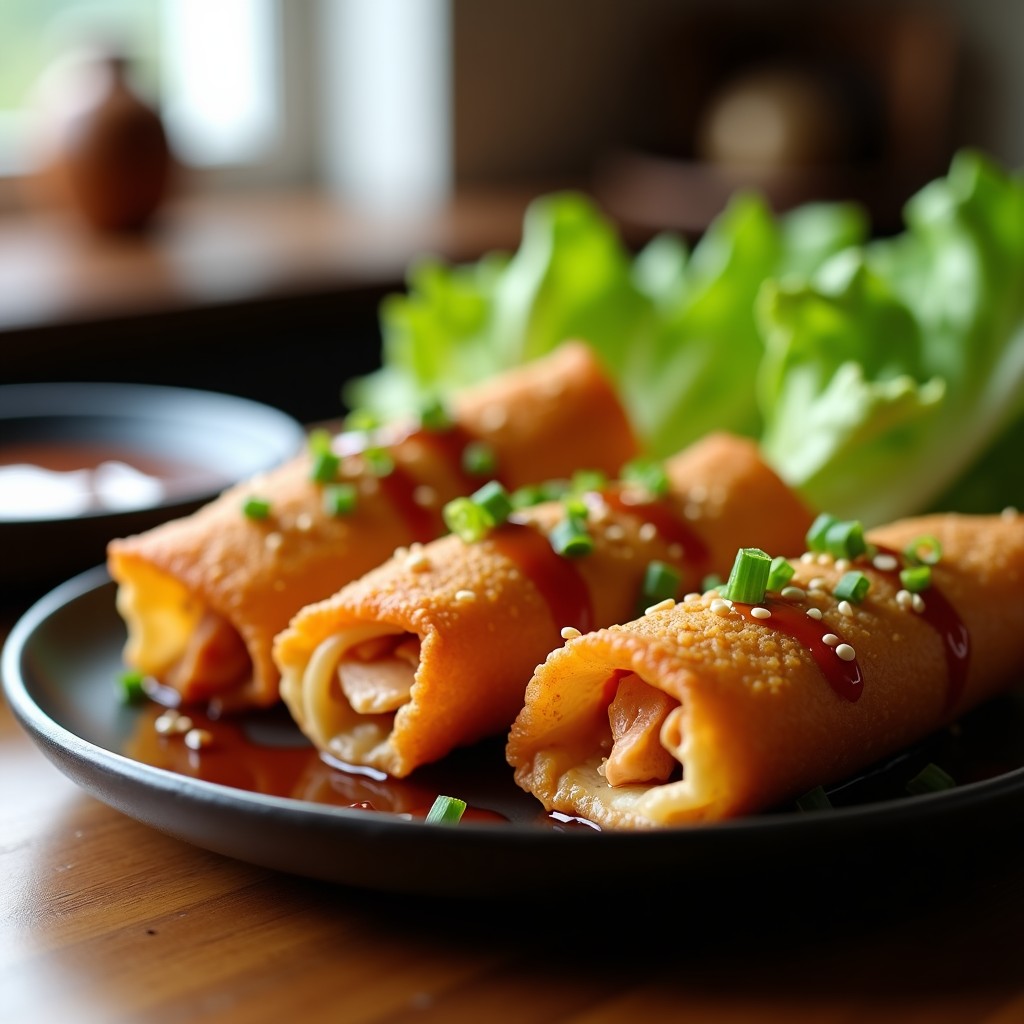 Rollitos de lechuga romana asada rellenos de pollo y verduras, dorados y crujientes, servidos en un plato blanco con salsa hoisin oscura y semillas de sésamo espolvoreadas. Receta china crujiente en airfryer.