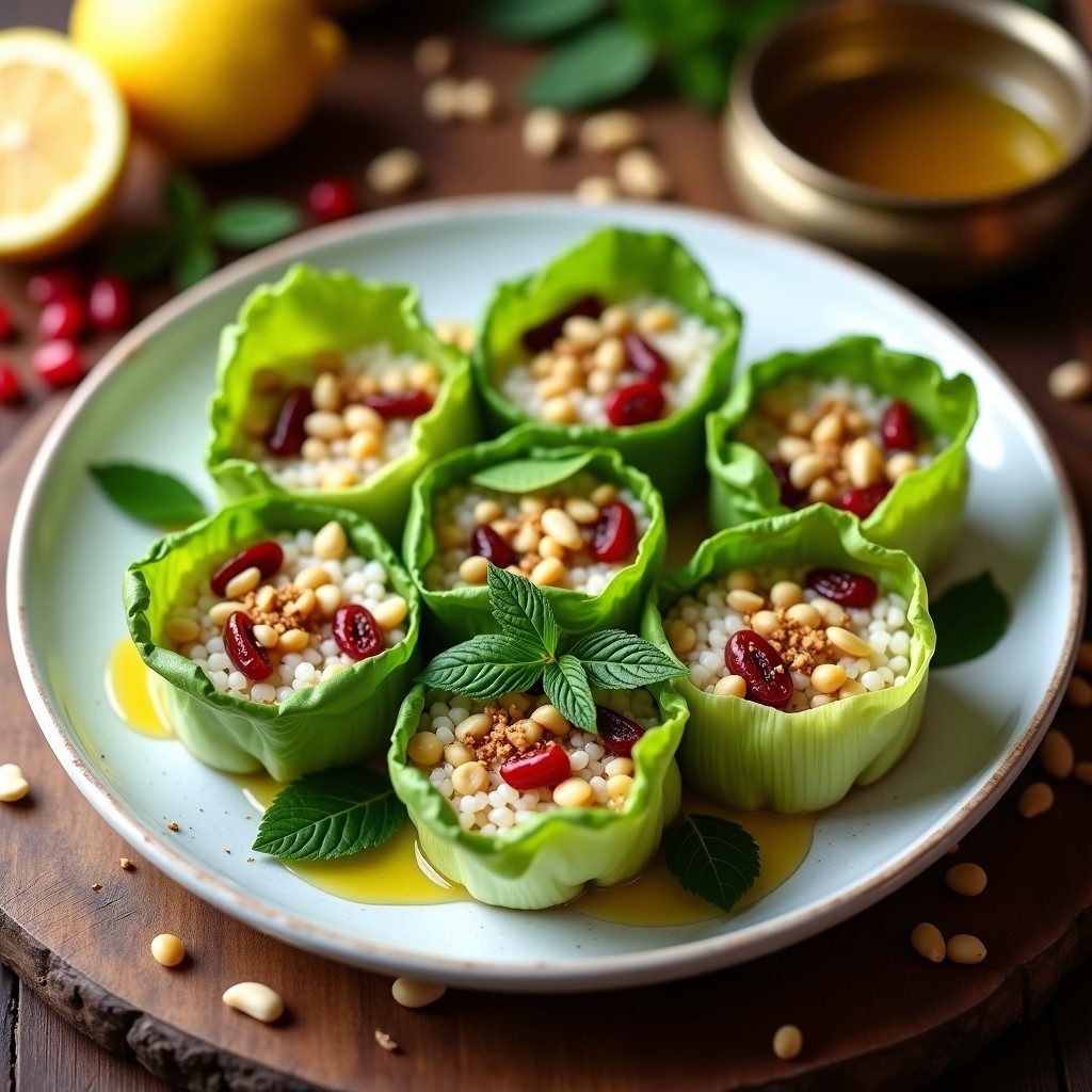 Plato blanco con rollitos de lechuga y hoja de parra rellenos de arroz basmati, decorados con piñones tostados y hierbabuena fresca. Receta árabe vegana en olla lenta con fondo de especias y limón.