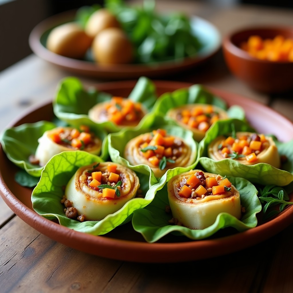 Rollitos de lechuga romana rellenos de hongo ostreatus y zapallo, horneados hasta dorar ligeramente, servidos en una fuente de barro con hierbabuena fresca y papas nativas asadas al fondo. Receta peruana vegana al horno.
