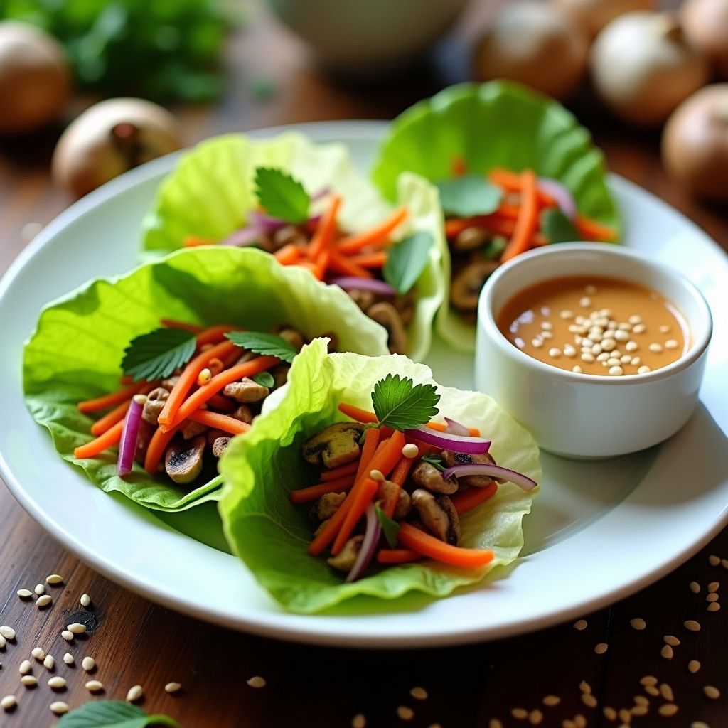 Rollitos de lechuga romana fresca rellenos de hongos ostra marinados, cebolla morada en juliana, zanahoria rallada y cilantro, servidos en bandeja de madera con salsa de cacahuete y semillas de sésamo espolvoreadas. Entrante vietnamita crudivegano colorido y apetitoso.