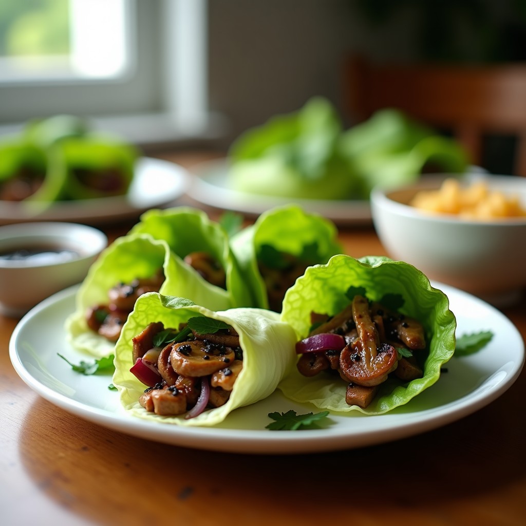 Rollitos de lechuga romana rellenos de hongos shiitake y cebolla morada al vapor, servidos en un plato blanco con semillas de sésamo negro y hojas de cilantro como decoración. Receta vegana al vapor.