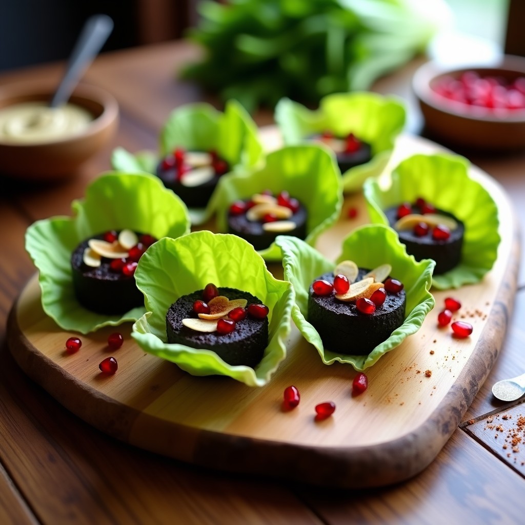 Rollitos de hojas de lechuga romana rellenos de hummus de aceitunas negras, decorados con semillas de granada y almendras fileteadas tostadas, servidos en bandeja de madera rústica con fondo desenfocado.