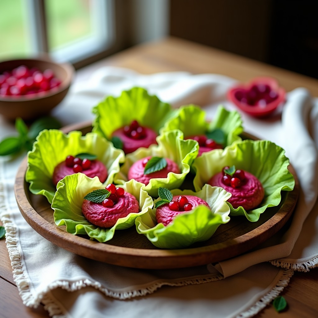 Rollitos de lechuga romana fresca rellenos de hummus de betabel rosado y granos de granada rojos, dispuestos en bandeja de madera con hojas de menta, entrada vegana sin gluten.