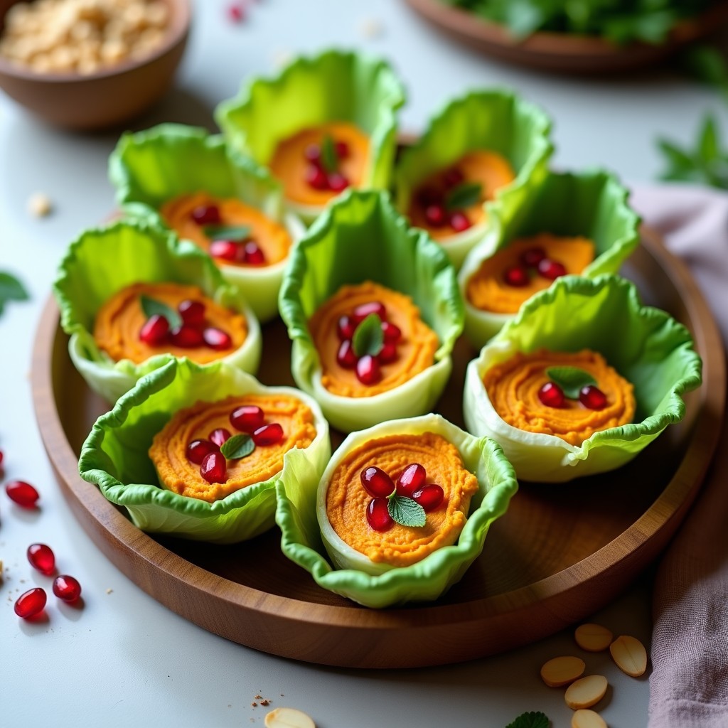 Bandeja de madera rústica con rollitos de lechuga romana rellenos de hummus de calabaza naranja y semillas de granado rojo brillante, decorados con almendras fileteadas y hojas de menta fresca. Receta sin cocción de rollitos de lechuga con hummus de calabaza y granado.