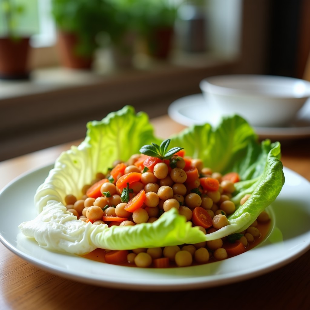 Rollitos de lechuga romana fresca rellenos de hummus cremoso de zanahoria asada, decorados con semillas de granada y hojas de menta, servidos en bandeja de madera rústica con limón al lado.
