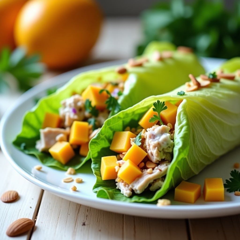 Rollitos de lechuga romana fresca rellenos de ensalada de mango, pollo, cebolla morada y almendras tostadas, con salsa de yogur y cilantro, en un plato blanco sobre fondo de madera clara. Receta sin cocción alta en proteína.