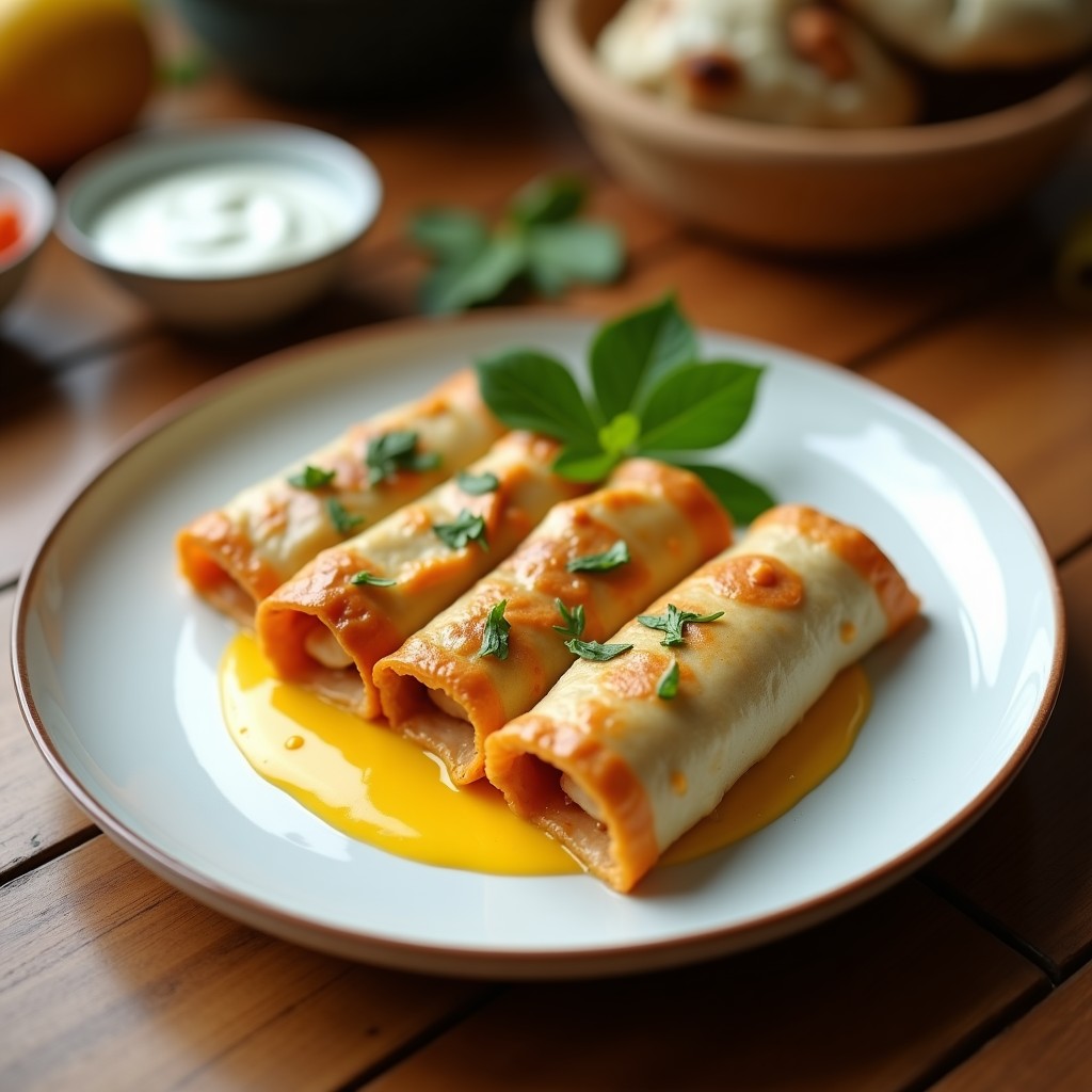 Bandeja de madera con rollitos de lechuga romana rellenos de mango, pepino y zanahoria, bañados en salsa de yogur cremosa y espolvoreados con almendras tostadas. Receta de aperitivo indio fresh.