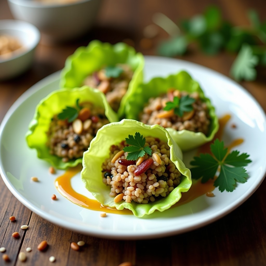 Plato blanco ovalado con cuatro rollitos de lechuza rellena de pollo y arroz salvaje, decorados con almendras laminadas y cilantro fresco, servidos sobre un lecho de hojas de lechuga romana. Toque gourmet con aceite de sésamo brillando bajo luz natural.