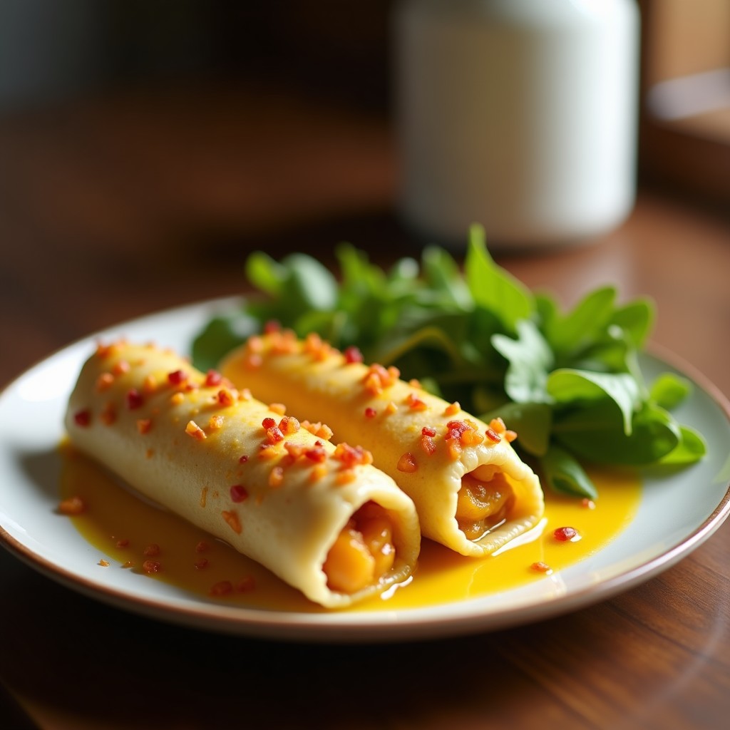Rollitos de lechuga romana fresca rellenos de pollo al curry rojo con tiras de manzana verde, decorados con semillas de sésamo y cilantro, sobre un plato blanco con fondo de madera.