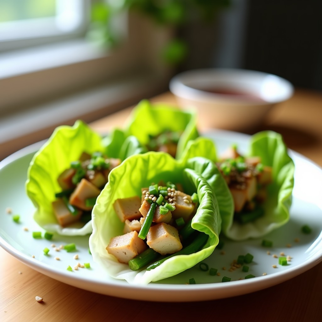 Rollitos de lechuga romana rellenos de pollo y espárragos trigueros, cocinados al vapor en olla express, servidos en plato blanco con cebollino fresco y salsa de ostras, receta china saludable y alta en proteína.