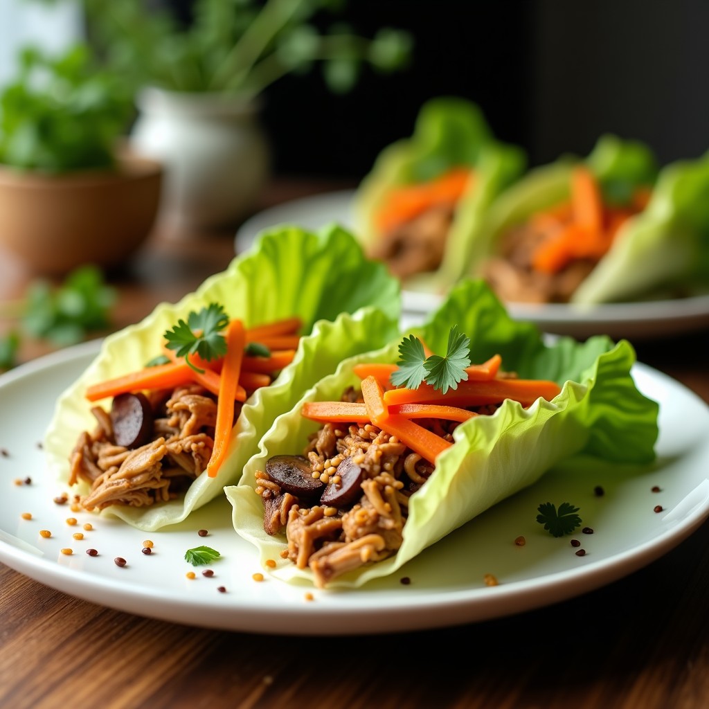 Rollitos de lechuga romana rellenos de pollo y hongos shitake dorados en airfryer, servidos en plato blanco con semillas de sésamo y cilantro fresco. Receta china baja en carbohidratos, crujiente y apetitoso.