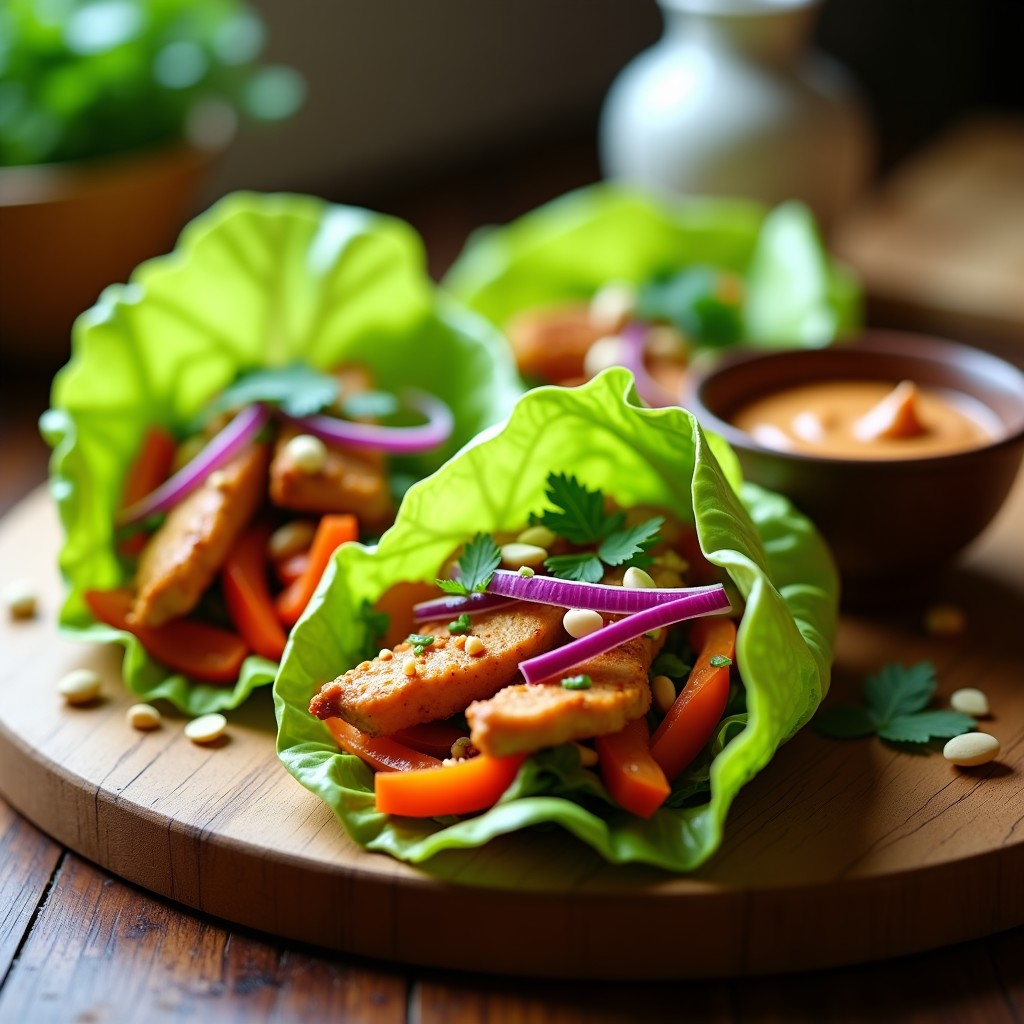 Rollitos de lechuga romana fresca rellenos de pollo dorado al satay, verduras coloridas en juliana y cacahuetes picados, servidos en una bandeja de madera con salsa de cacahuete tailandesa para mojar. Receta thai sin gluten y alta en proteína.