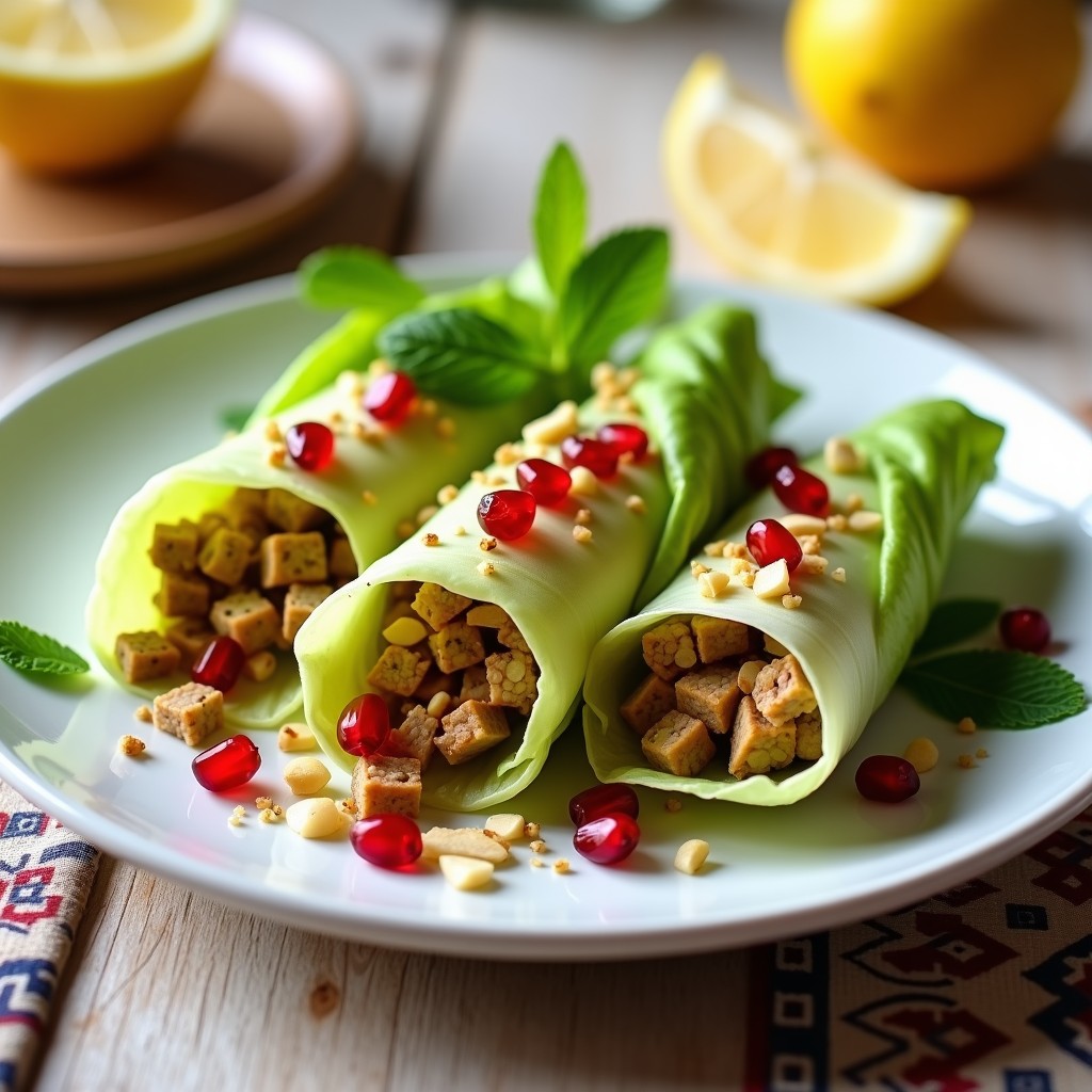 Rollitos de lechuga romana fresca rellenos de quinoa, granos de granada y pistachos, decorados con menta y granada. Entrante persa crujiente y colorido sobre plato blanco.