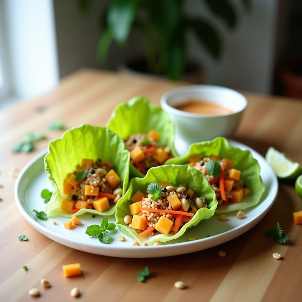 Plato blanco ovalado con rollitos de lechuga romana rellenos de quinoa germinada, mango en dados, zanahoria rallada y pepino, decorados con semillas de sésamo y cacahuetes picados. Acompañados de salsa tailandesa de cacahuete y jengibre, con hojas de menta fresca al lado. Receta vegana y crudivegana con toque tailandés.