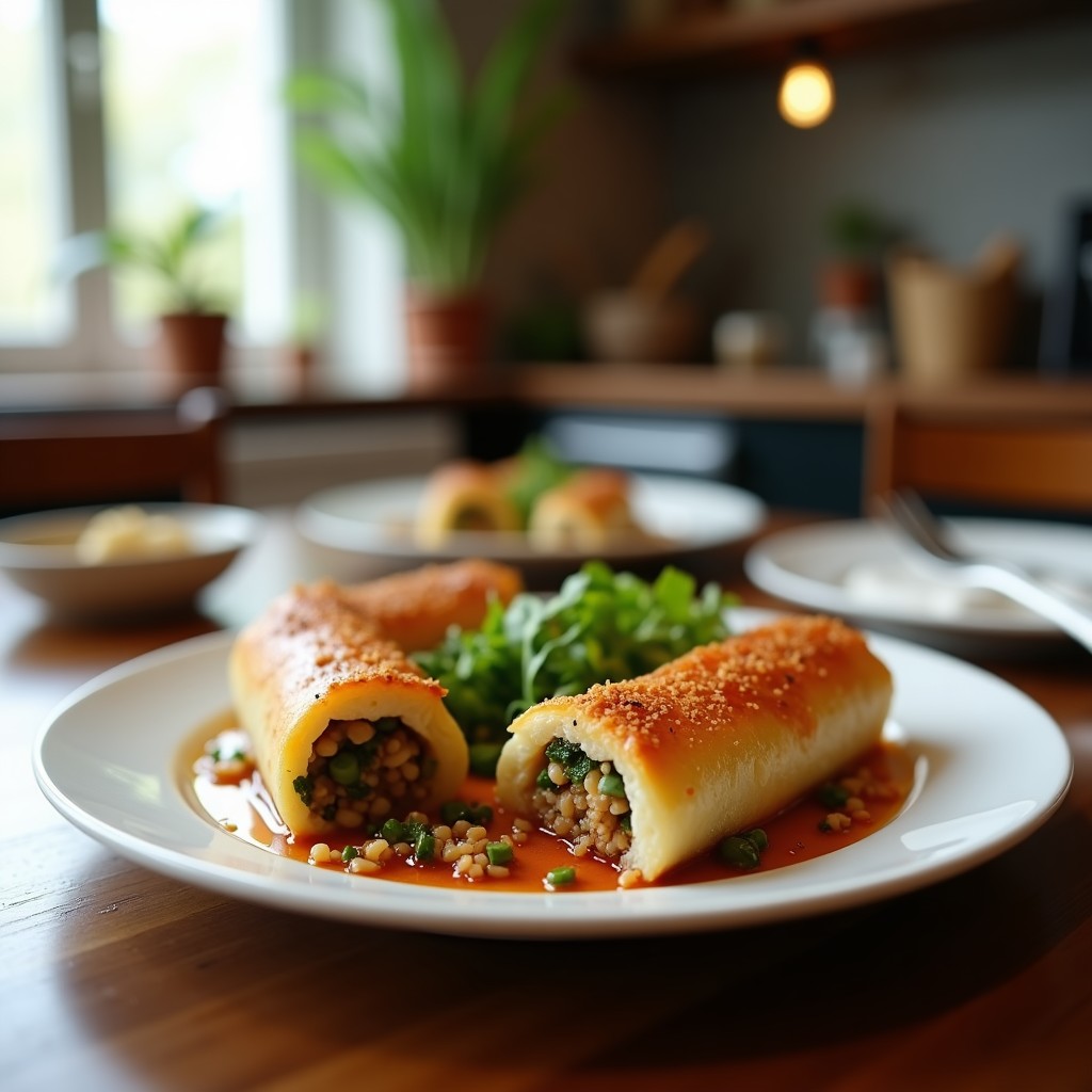 Rollitos de lechuga romana fresca rellenos de quinoa, sardinas desmenuzadas, pimiento rojo asado y cebolla morada, decorados con semillas de sésamo y perejil. Plato mediterráneo alto en omega-3 servido en bandeja blanca.