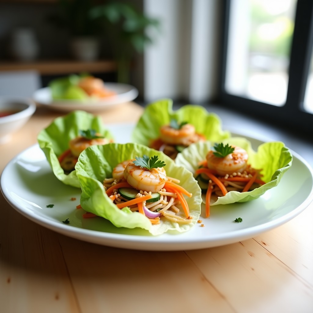 Rollitos de lechuga romana fresca rellenos de fidea de arroz integral, langostinos y verduras, decorados con semillas de sésamo. Plato ligero y colorido de cocina china, servido en bandeja blanca con fondo minimalista.