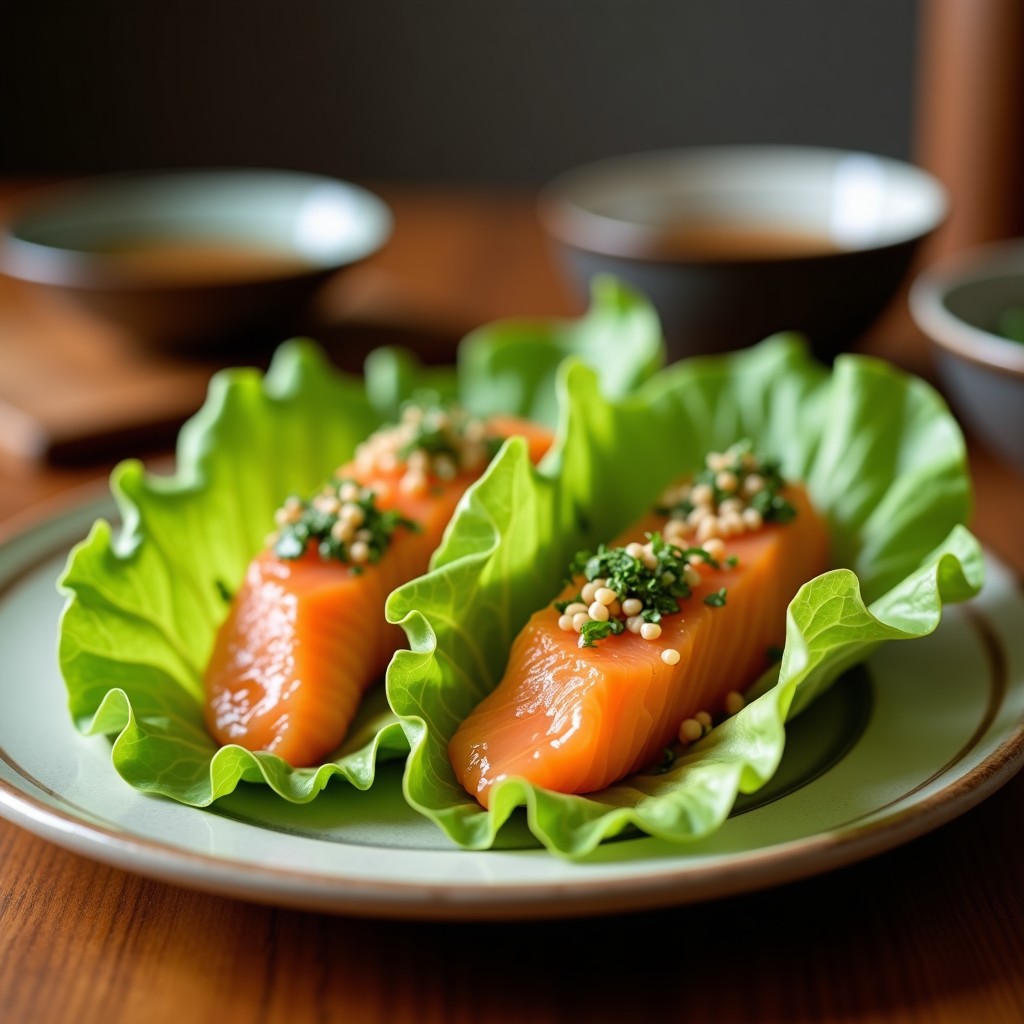 Rollitos de lechuga romana fresca rellenos de salmón ahumado en láminas y crema de wasabi, decorados con semillas de sésamo y cebollino. Entrante keto sin gluten servido en bandeja de madera con fondo desenfocado.