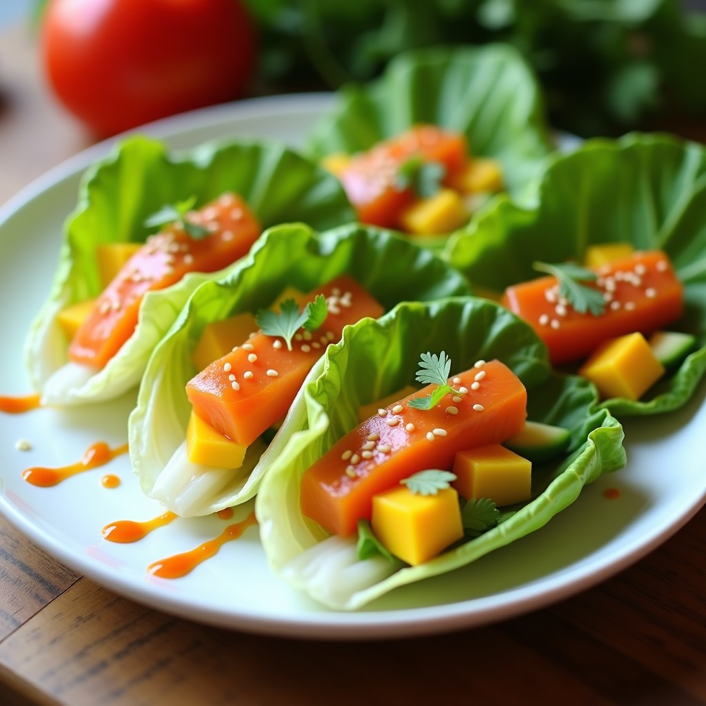 Rollitos de lechuga romana fresca rellenos de láminas de salmón sushi-grade, tiras de mango maduro y aguacate, bañados en salsa sriracha y decorados con semillas de sésamo tostadas. Plato colorido y fresco sobre fondo blanco.