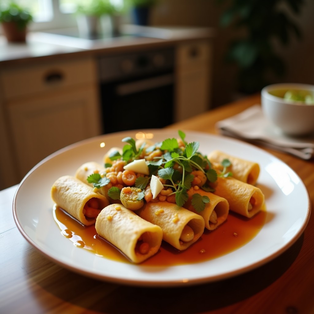 Rollitos de lechuga romana rellenos de tofu ahumado desmenuzado, pepino y zanahoria, bañados en salsa cremosa de mostaza y miel, decorados con semillas de sésamo tostadas sobre una bandeja de madera rústica. Receta keto y sin cocción.