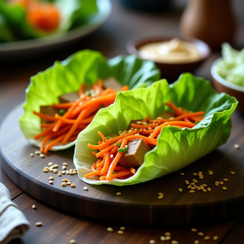 Rollitos de lechuga romana fresca rellenos de tofu ahumado en tiras y zanahoria rallada, cortados por la mitad para mostrar el interior. Acompañados de salsa de tahini y espolvoreados con semillas de sésamo tostado sobre una tabla de madera oscura. Receta crudivegana lista en 15 minutos.