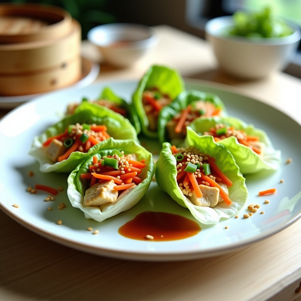 Plato blanco con rollitos de lechuga romana rellenos de tofu desmenuzado y salsa hoisin, decorados con semillas de sésamo y cebollino. Receta china sin cocción y baja en calorías.