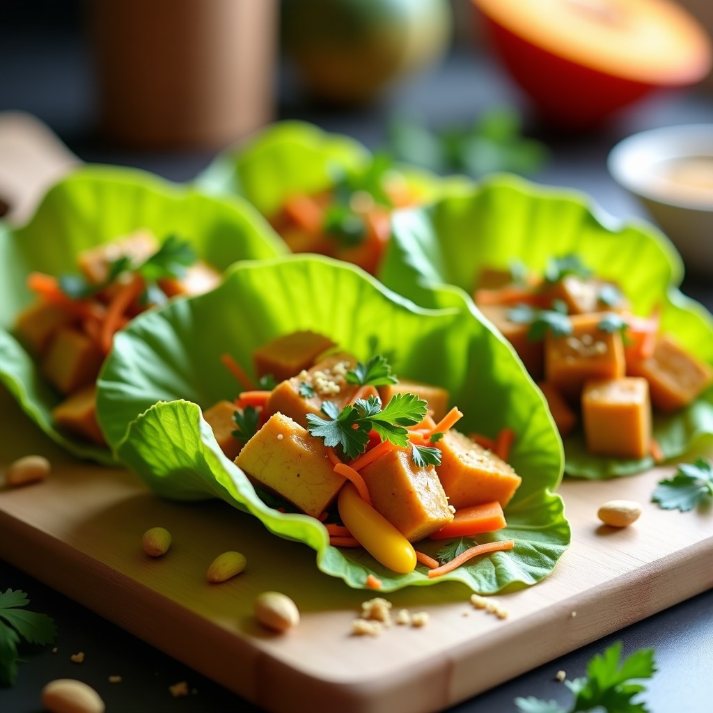 Rollitos de lechuga romana fresca rellenos de tofu dorado crujiente, mango maduro en tiras, jalapeño y zanahoria rallada, espolvoreados con cacahuetes triturados. Plato colorido y apetitoso con toques de cilantro verde.